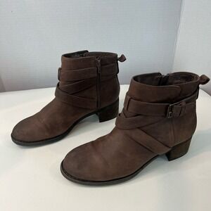 Tara M GWEN Chelsea‎ Brown Distressed Leather Strappy Ankle Block Heel Boots 9.5